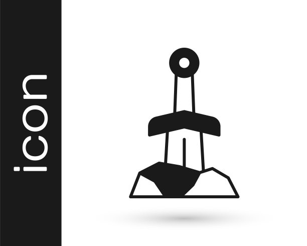 黑剑在石上的图标孤立在白色的背景上。亚瑟王传说中的石中之剑。向量图片下载