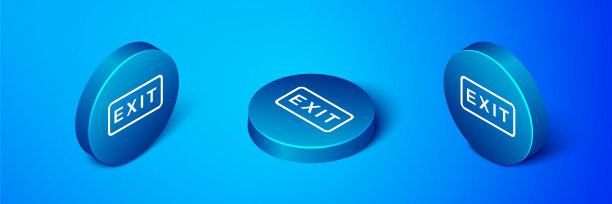 等距消防出口图标隔离在蓝色背景。火灾紧急图标。蓝色圆按钮。向量图片下载