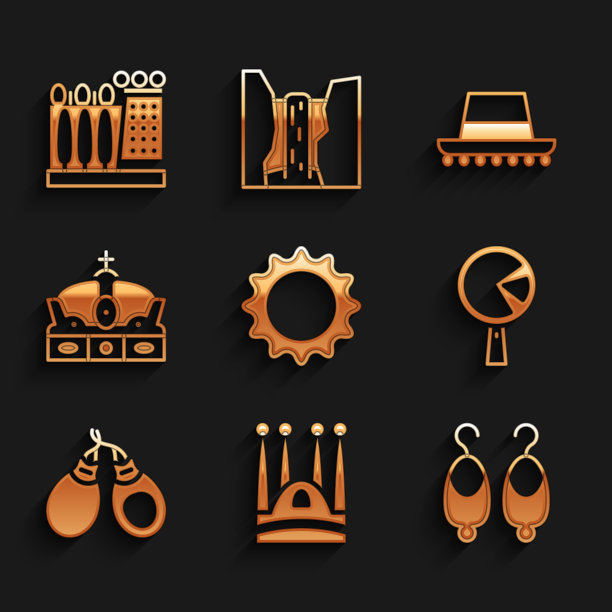 落日，圣家族，耳环，煎蛋锅，响板，西班牙王冠，西班牙帽子和达利博物馆的图标。向量图片下载