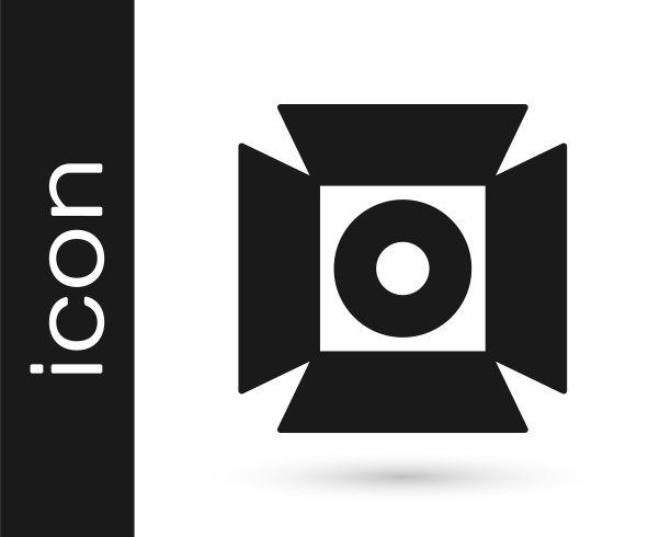 黑色电影聚光灯图标孤立在白色背景。光的效果。现场,工作室,显示。向量图片下载