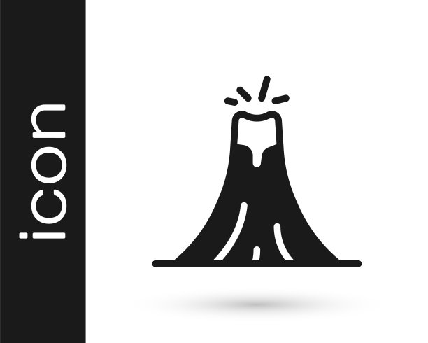 黑色火山喷发与熔岩图标孤立在白色背景。向量图片下载