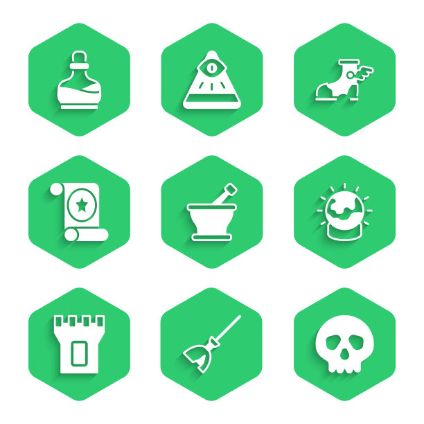 设置臼和杵，女巫扫帚，头骨，魔法球，城堡塔，卷轴，爱马仕凉鞋和瓶子与药水图标。向量图片下载