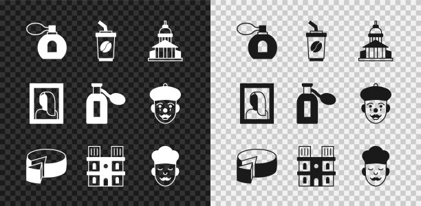 香水，咖啡杯，博物馆建筑，奶酪，巴黎圣母院，厨师，肖像画博物馆和图标。向量图片下载