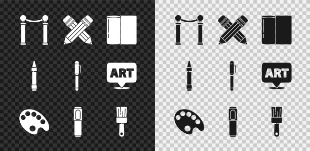 集合展览的绘画，交叉铅笔与橡皮擦，纸巾卷，调色板，马克笔，油漆刷，蜡笔绘画和钢笔图标。向量图片下载