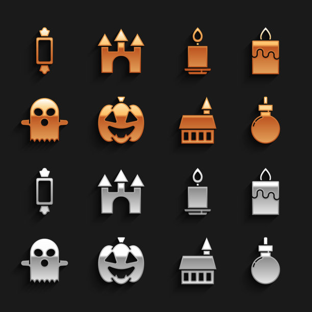 设置南瓜，燃烧的蜡烛，炸弹准备爆炸，城堡，幽灵，糖果和图标。向量图片下载