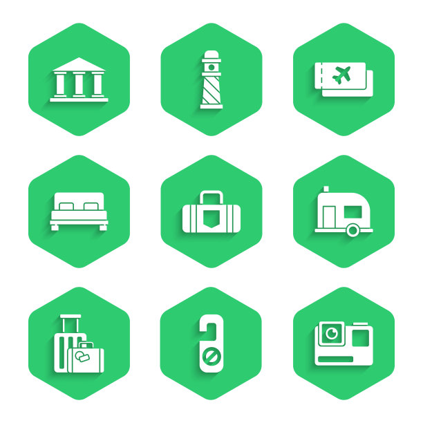 旅行箱，请勿打扰，行动极限相机，房车露营拖车，大床，机票和博物馆建筑图标。向量图片下载