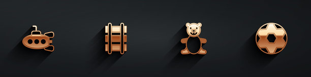 设置潜艇玩具，玩具铁路，泰迪熊毛绒和足球足球图标与长影子。向量图片下载