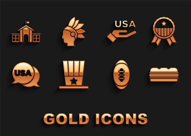 Set Patriotic American top hat, Medal with star, Sandwich, Football, USA Independence day, United States Capitol Congress and Native Indian icon。向量图片下载