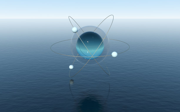 平静的海洋上的分子球，奇妙的场景，3d渲染。图片下载