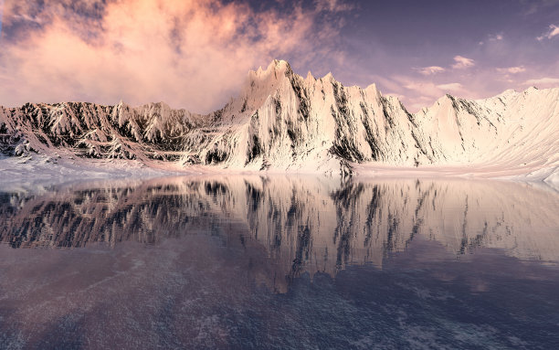 雪山日落背景，3d渲染。图片下载