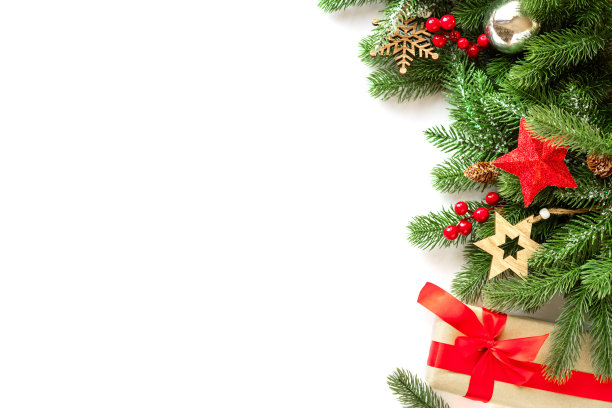 带有装饰品、荚蒾浆果、木制雪花、杉树枝和五彩纸屑的圣诞节框架图片下载