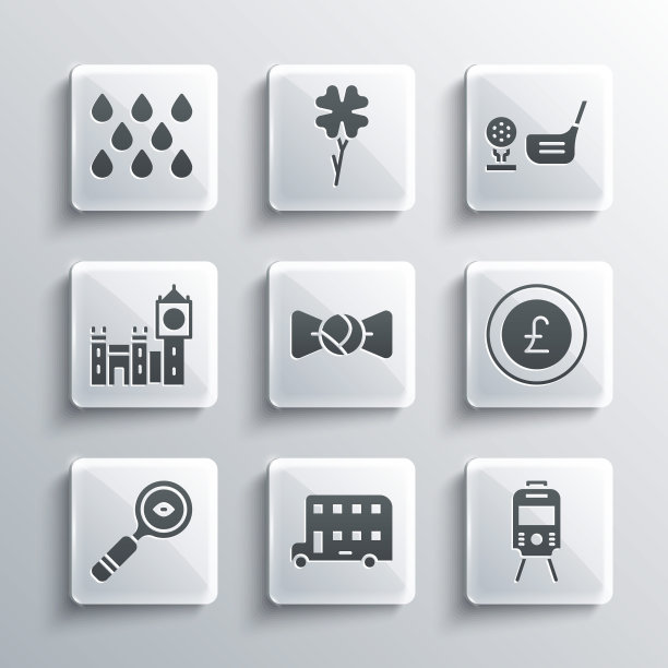 设置双层巴士，电车和铁路，硬币与英镑，蝴蝶结，放大镜，大本钟塔，水滴和高尔夫俱乐部球座图标。向量图片下载