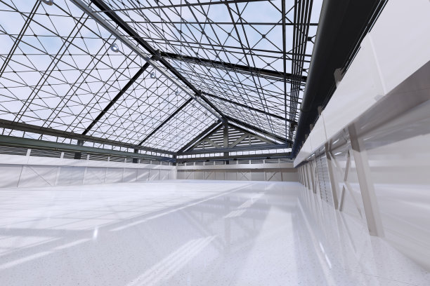 空厅展览中心。展台、摊位、市场、车库的背景。谈话活动。用于娱乐、活动、运动的大竞技场。室内农业有机农场。3 d渲染。图片下载