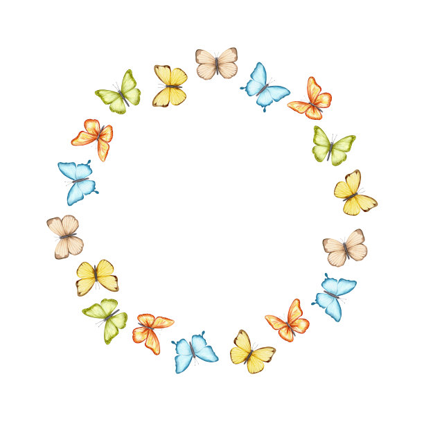 水彩圆形框架与明亮的蝴蝶图片下载