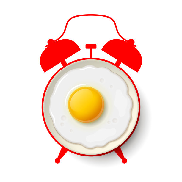 白色盘子上放着煎蛋，背景上是闹钟的剪影图片下载