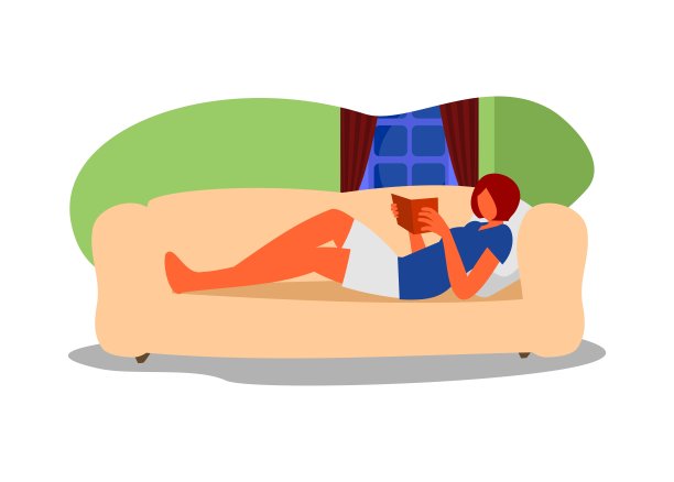 女孩躺在沙发上看书。简单的平面插图。图片下载