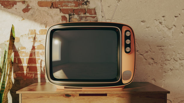 复古电视在一个旧房间破碎的砖墙- 3d插图模型图片下载