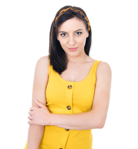 年轻女子以友好的微笑表达，孤立在白色背景下。美丽快乐的姑娘心情好，半长半长图片下载