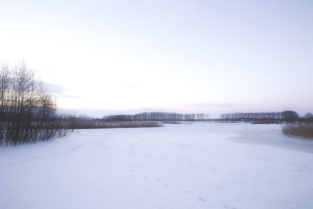 美丽的冬季风景日落时，雾和雪覆盖农田和河流在荷兰美丽的色彩图片下载