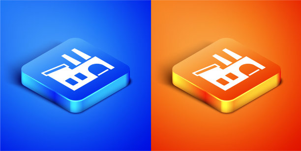 等距工厂图标孤立在蓝色和橙色图片下载