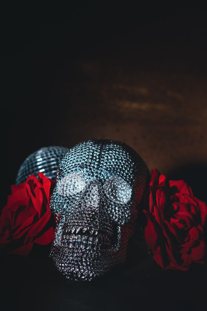 银色骷髅与大玫瑰和迪斯科球在黑暗的背景。图片下载