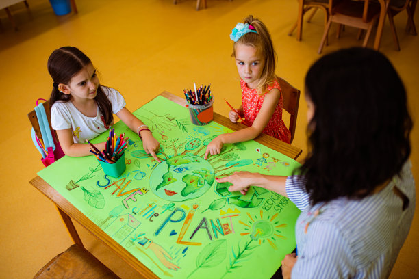有爱心的幼儿园老师用海报来教导她的学生为地球的美好而负责图片下载
