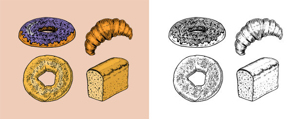 烘焙产品集甜甜圈和牛角面包图片下载