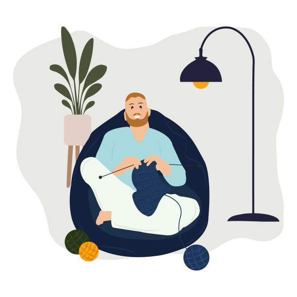 男人在舒适的家编织坐在豆懒袋图片下载