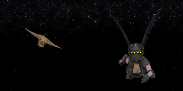 一个有翅膀的女性在太空中飞行，戴着一个完整的面具，有一艘宇宙飞船在追她。图片下载