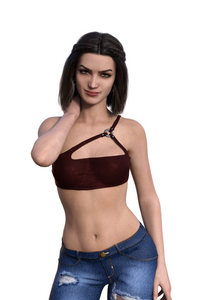 插图一个女人穿着一件离肩的深红色上衣，眼睛直视前方，一只手放在她的脖子上图片下载