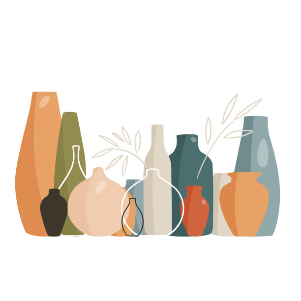 一套彩色的花瓶与叶子，最小的设计图片下载