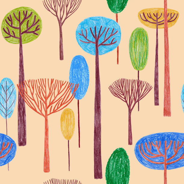 铅笔画无缝图案与五颜六色的树木。图片下载