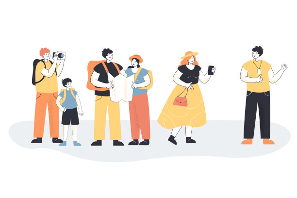 导游卡通人物向游客介绍城市图片下载