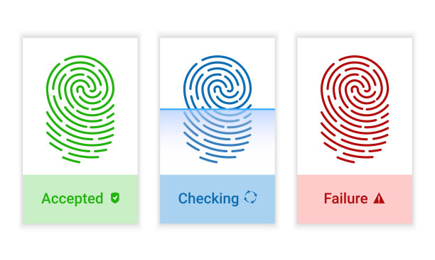 向量指纹识别授权系统图标集。未来的科幻技术。生物识别授权和商业安全概念图片下载