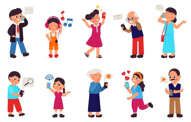 智能手机的人。成年子女使用手机，对小玩意上瘾。人交谈和聊天，移动通讯使用或找到wifi象样的向量集图片下载