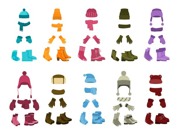 卡通冬季配件。五颜六色的女孩温暖的衣服，孤立的孩子的帽子和围巾。连指手套和靴子，时尚季装最近的矢量元素图片下载