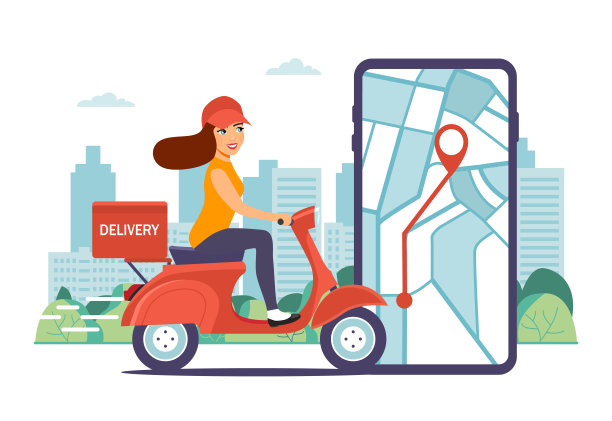 骑滑板车的快递女孩可以快速送货。矢量插图。图片下载