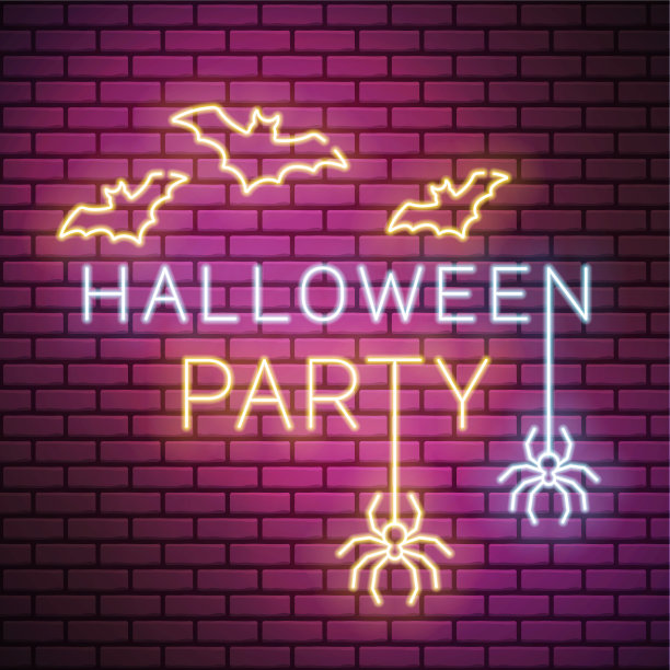万圣节派对。霓虹灯概念设计与飞行蝙蝠和蜘蛛。矢量插图的砖墙背景。图片下载