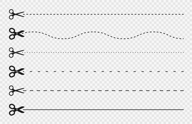 剪线和虚线，剪刀图标。剪线指南的优惠券，标签和折扣券。黑色剪刀配虚线，剪纸指南图片下载