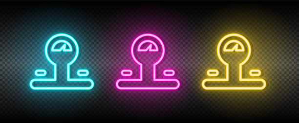 平衡，缩放霓虹矢量图标。插图霓虹蓝，黄，红图标集。图片下载