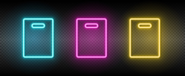 袋，购物霓虹灯矢量图标。插图霓虹蓝，黄，红图标集。图片下载