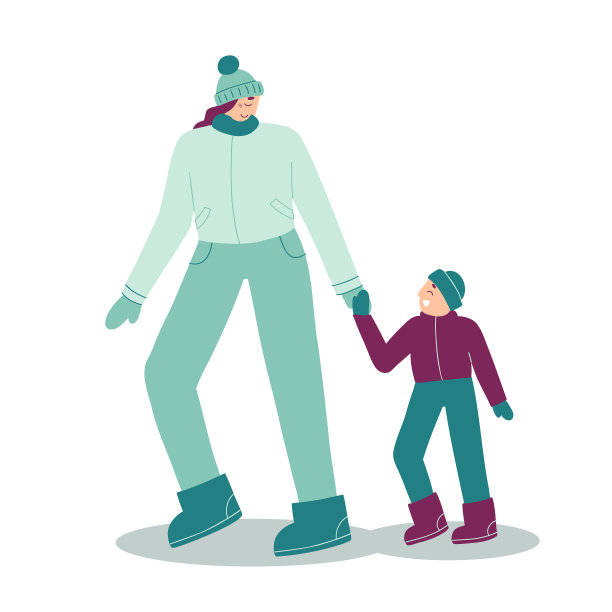 一个带着孩子散步的年轻女人。平面向量插图。人们穿着暖和的衣服。家庭寒假和乐趣图片下载