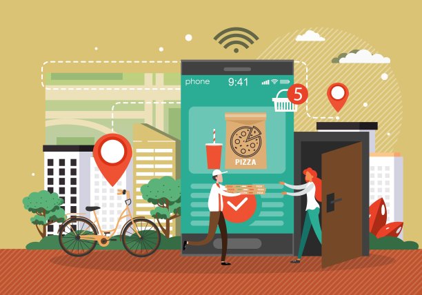 手机，快递员在家门口给顾客送披萨盒。网上订餐，送货服务，矢量。图片下载