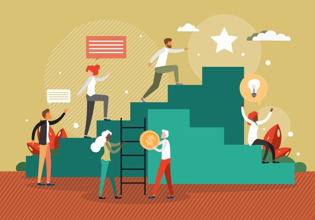 商务人士爬楼梯。自我成长和个人发展，事业阶梯，达成目标，团队合作，矢量图片下载