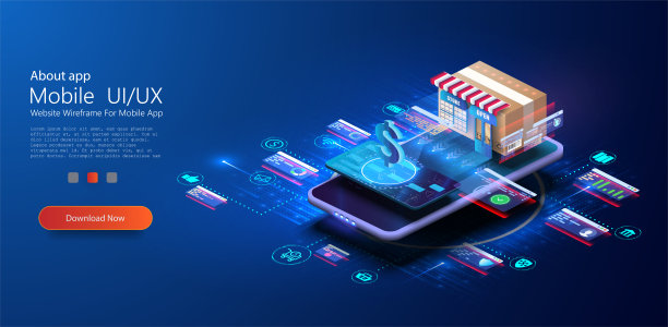 应用程序中的在线购买，互联网上的数字营销，智能手机屏幕上的现金信用卡和商店形式的盒子。支付，交付订单从互联网市场图片下载