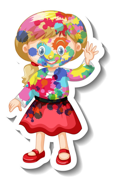 快乐的女孩与她的身体上的颜色贴纸在白色的背景图片下载