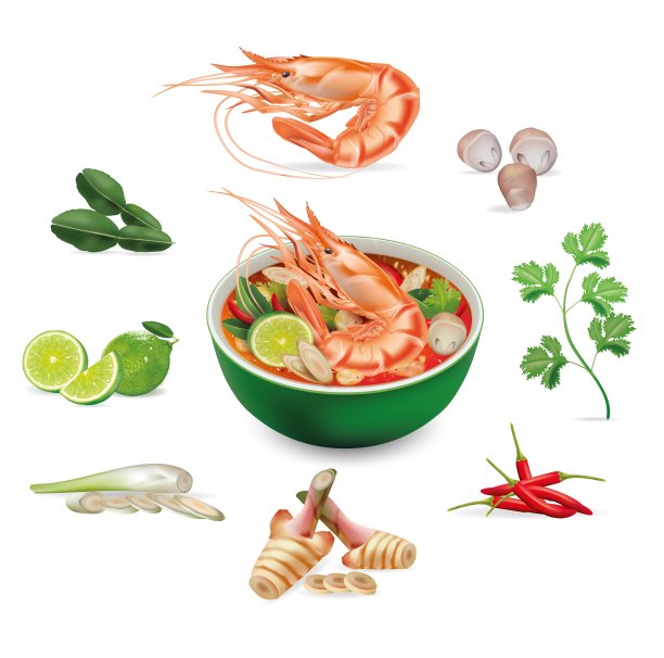 冬阴功的配料。咖喱辛辣的泰国。酸辣泰式汤的配料，汤姆阴功。食物。说明向量图片下载