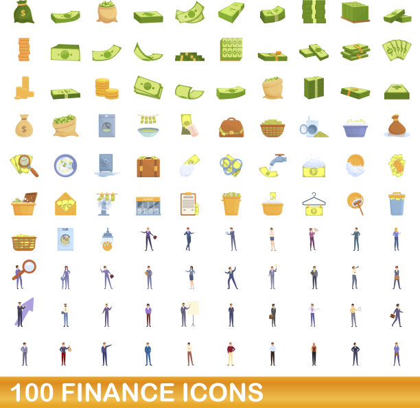 100个金融图标设定卡通风格图片下载