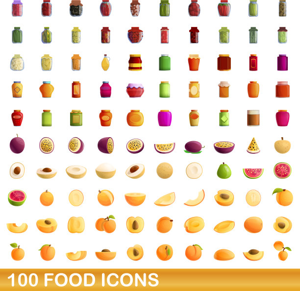 100个食物图标设定卡通风格图片下载
