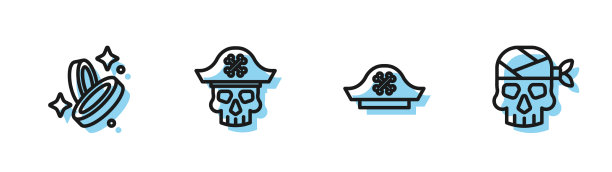 设线海盗帽子硬币船长和图标图片下载